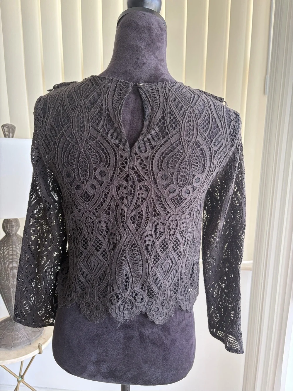ZARA Gothic Black Guipure Lace Ruffle Neckline Long Sleeve Blouse XS